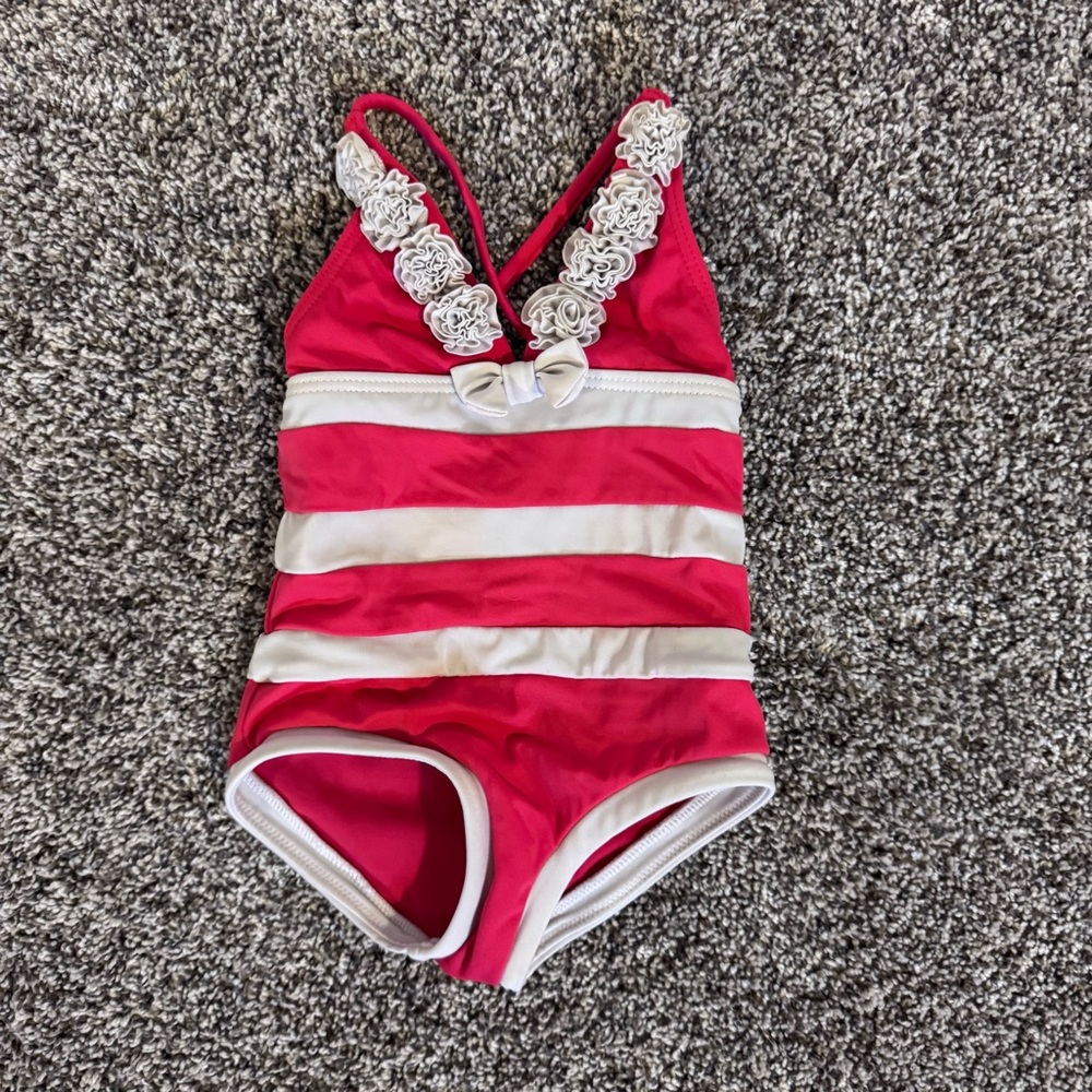 Pink and White One Piece Swimsuit with Cross-Back Design